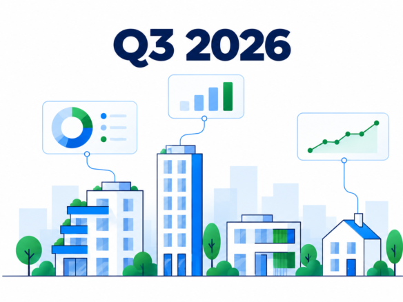 Анализ на имотния пазар през третото тримесечие на 2026 г. – илюстрация на жилищни сгради и графики.