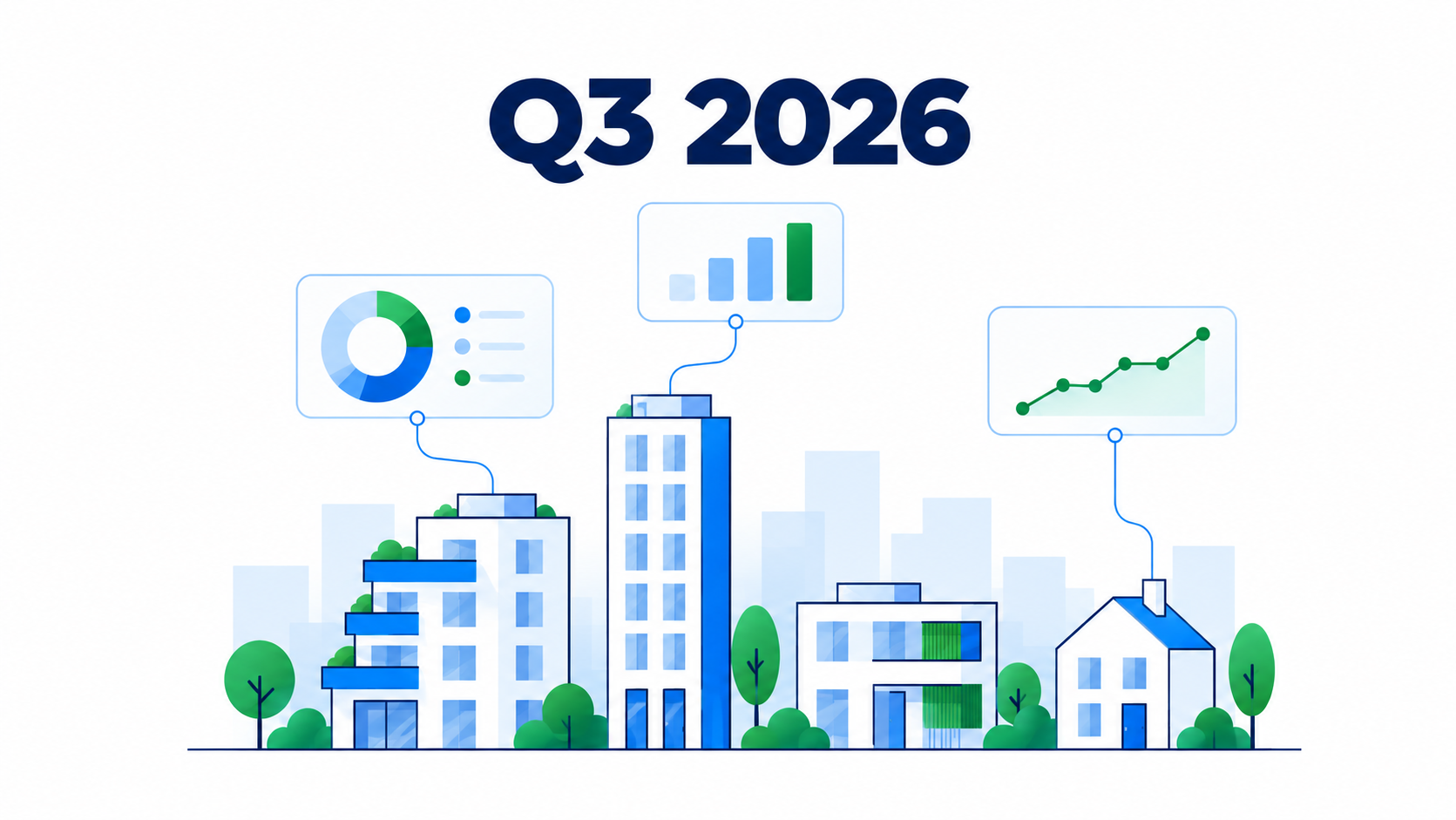 Анализ на имотния пазар през третото тримесечие на 2026 г. – илюстрация на жилищни сгради и графики.